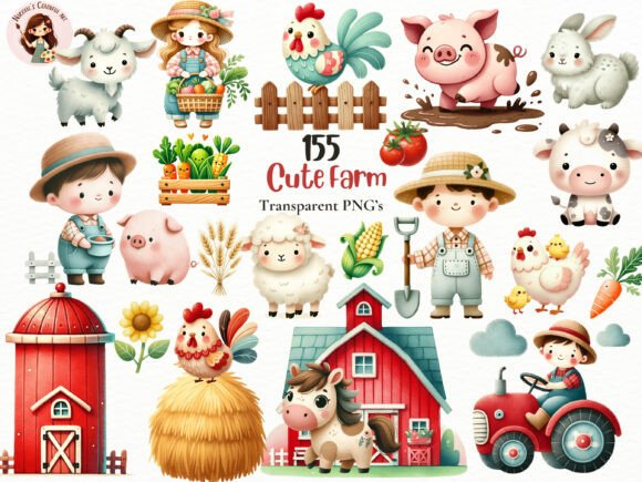 Download Watercolor Farm Kids &amp; Animals PNG Set - Kid Collection
